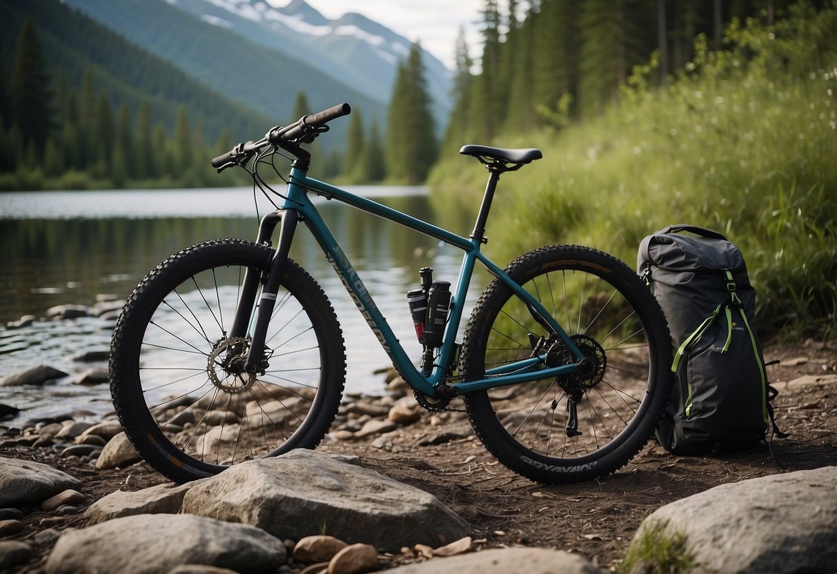 A bike parked next to a clear stream, with a water bottle and hydration pack laid out nearby. The surrounding area is remote and rugged, with mountains and trees in the background