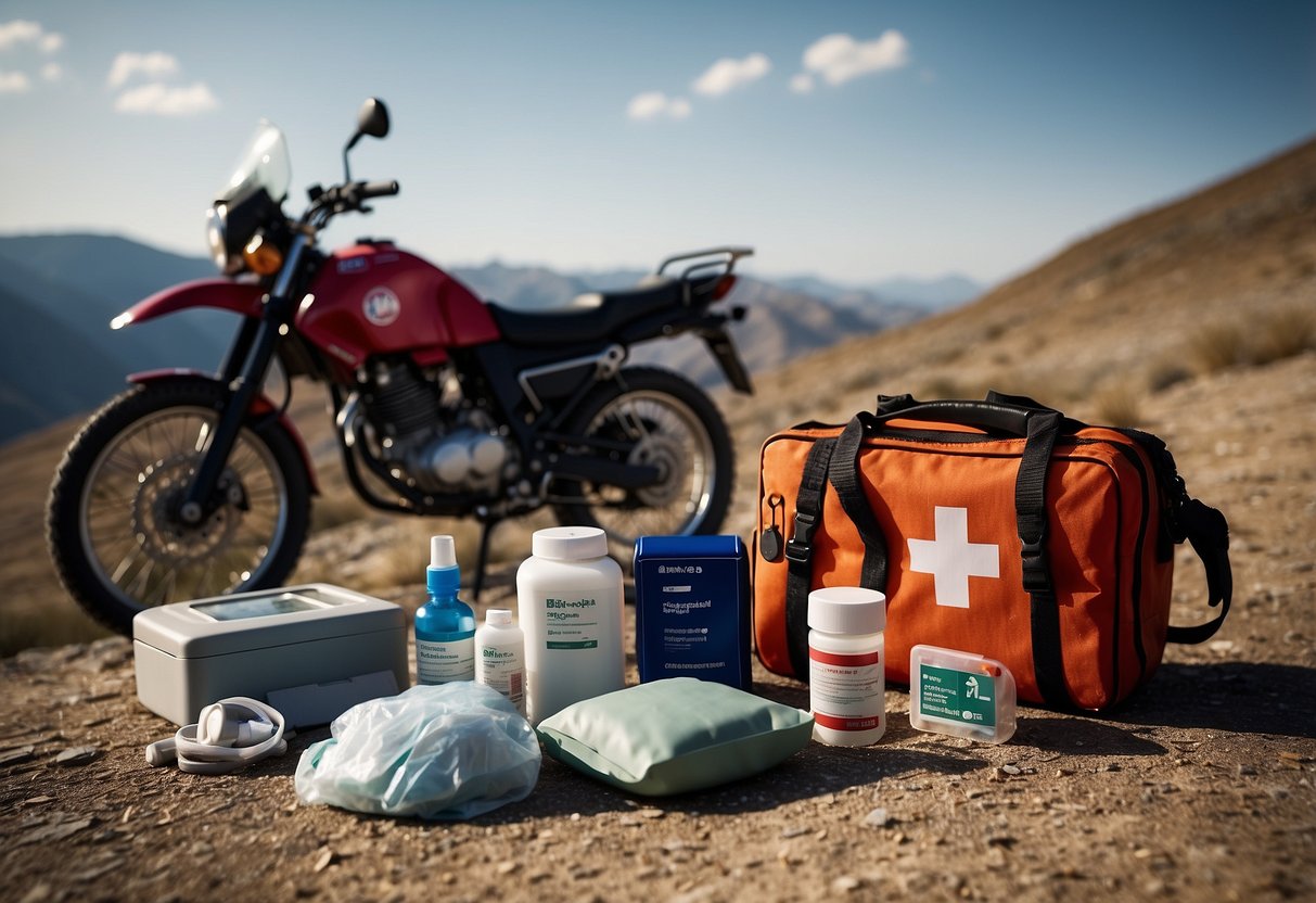 A rugged landscape with a motorcycle parked next to a first-aid kit. The kit is open, displaying bandages, antiseptic wipes, and other medical supplies