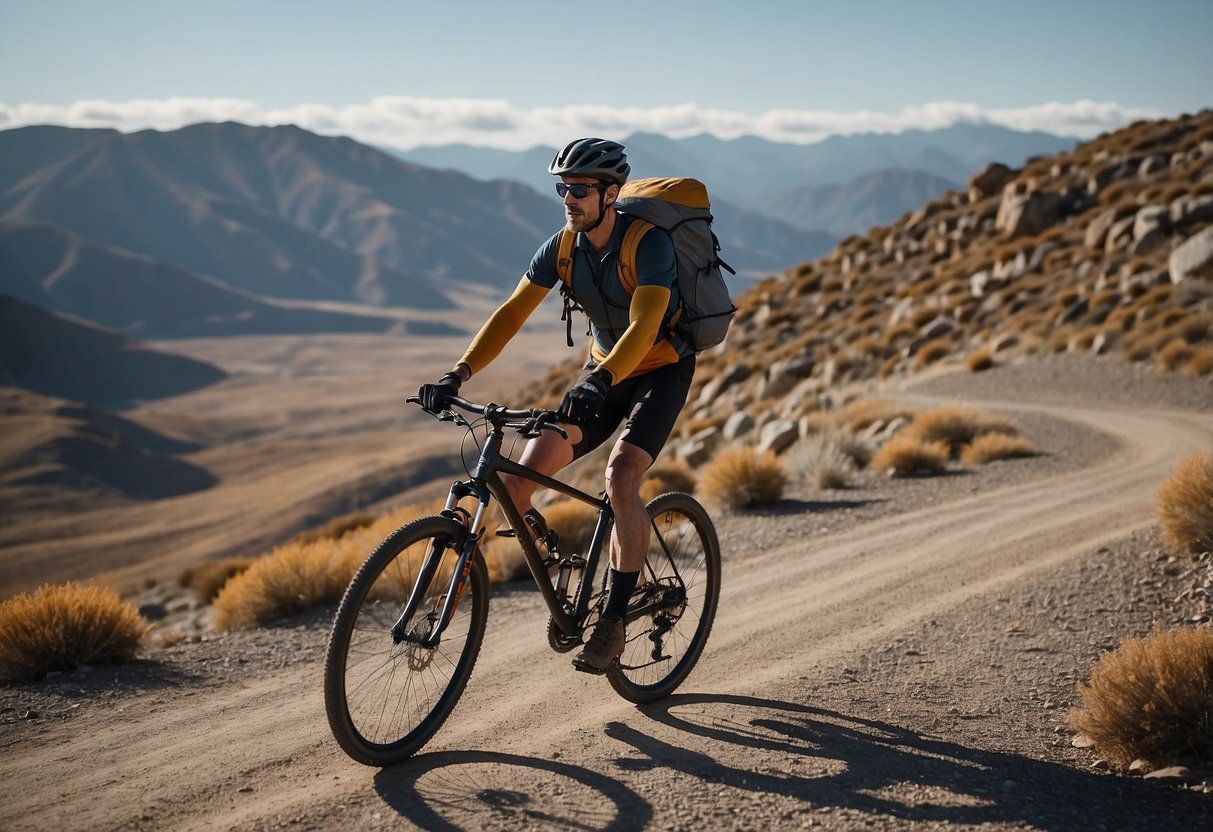 A lone bicycle travels through a vast, rugged landscape. The rider navigates rocky terrain, carrying essential gear and following a map. The scene exudes a sense of isolation and adventure