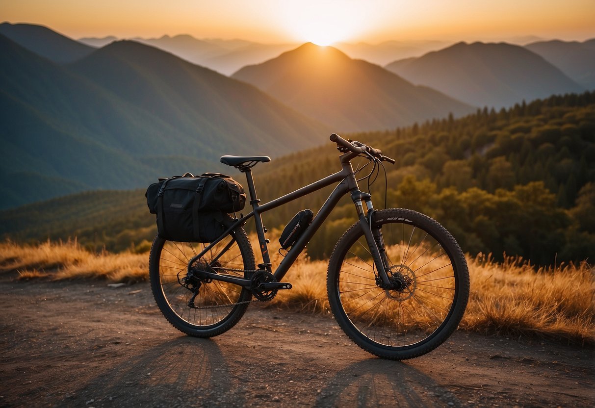 A lone bicycle navigates a rugged, remote landscape. The rider follows a trail, surrounded by towering mountains and dense forests. The sun sets in the distance, casting a warm glow over the scene