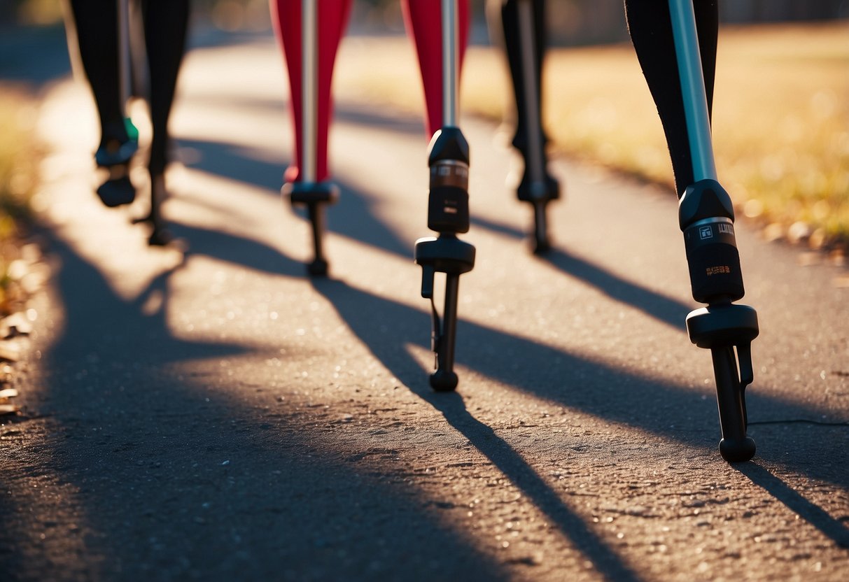 Five sleek, lightweight riding poles arranged in a dynamic pattern, casting shadows on a sunlit trail