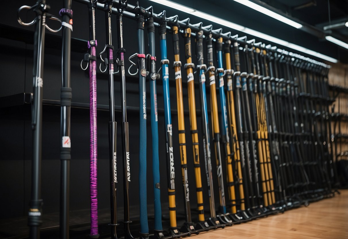 A rider selects from 5 lightweight riding poles. Displayed on a rack, each pole varies in color and design