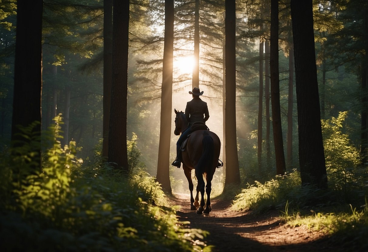 A horseback rider navigates through a serene forest, surrounded by tall trees and the sound of birds chirping. The sun filters through the leaves, casting dappled shadows on the ground. The rider feels a sense of peace and connection with nature