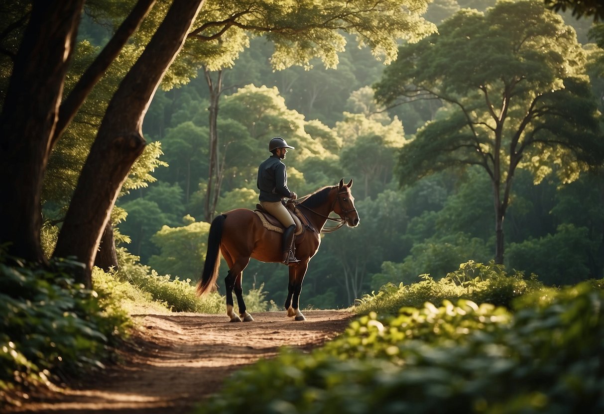 A horseback rider traverses a scenic trail, surrounded by lush greenery, towering trees, and a winding path leading through nature's beauty