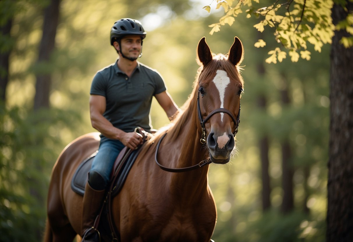 A horse nuzzles a rider's shoulder as they ride through a sun-dappled forest, birds chirping and leaves rustling. The rider's connection with their horse is evident in the gentle sway of their bodies in sync with each other