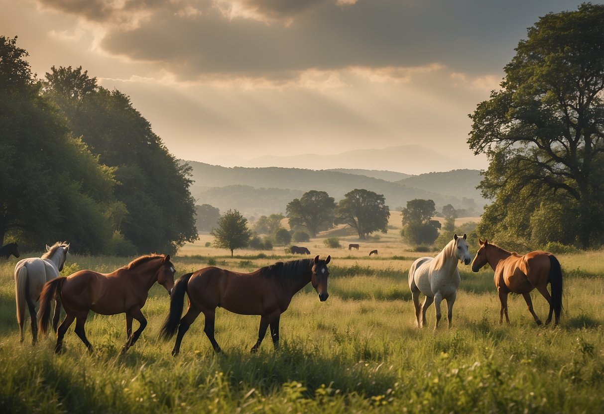 Horses roam through a lush, open field, surrounded by diverse wildlife. A variety of animals can be seen, from birds soaring overhead to deer grazing in the distance