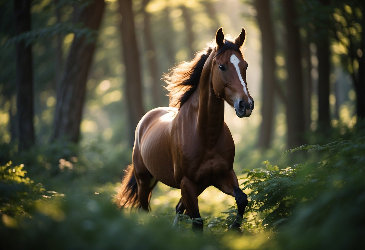 A horse gallops through a lush forest, sunlight filtering through the leaves. Birds chirp and a gentle breeze rustles the trees, creating a serene atmosphere