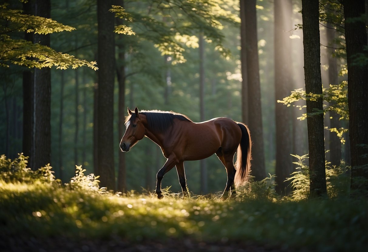 A horse peacefully walks through a serene forest, surrounded by tall trees and the sounds of nature. The sun filters through the leaves, creating dappled light on the forest floor