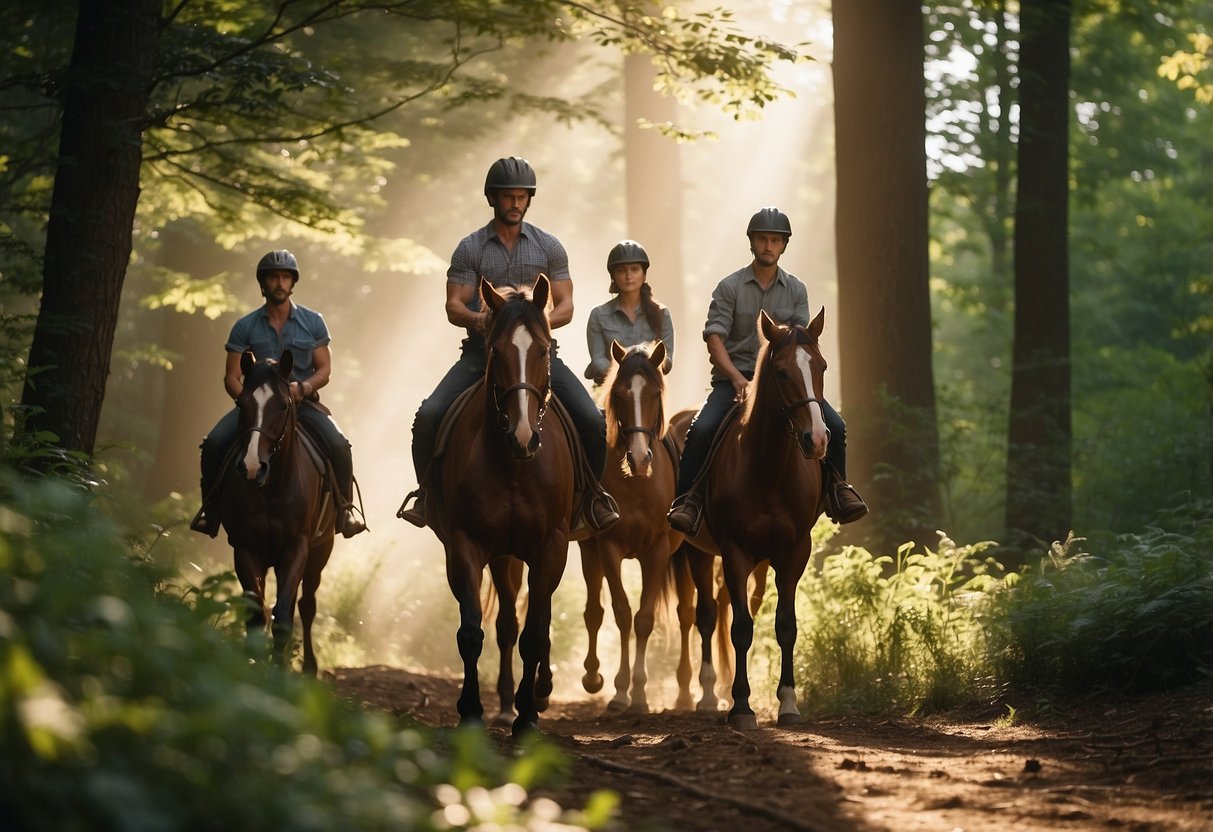 A group of horses and riders follow a guide through a lush forest, with sunlight filtering through the trees and birds chirping in the background