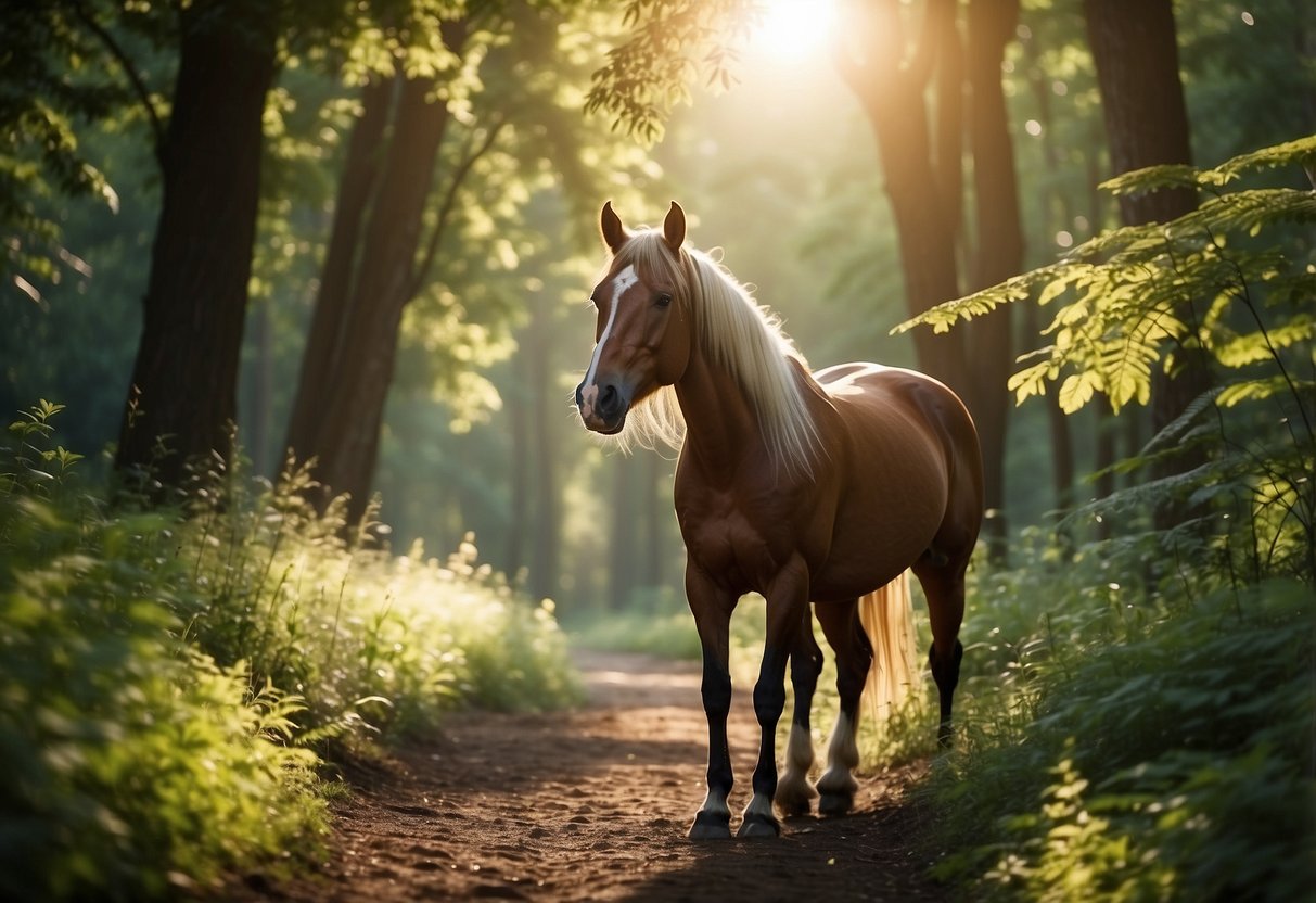 A horse follows a winding trail through a lush forest, with sunlight filtering through the leaves and birds chirping in the distance