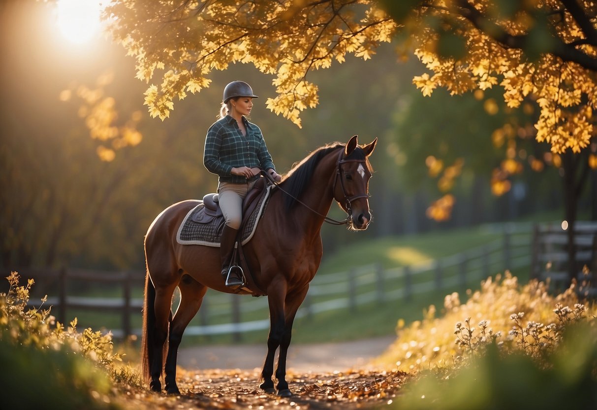 A horseback rider observes seasonal changes: leaves changing colors, animals migrating, flowers blooming, snow melting, and sunsets