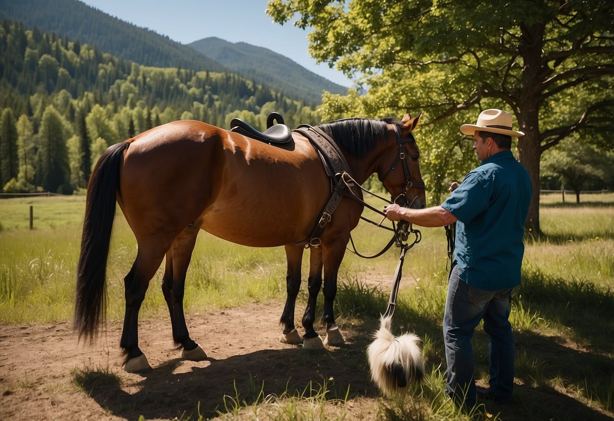 A horse being groomed and saddled, surrounded by nature. Trees, mountains, and a clear blue sky in the background