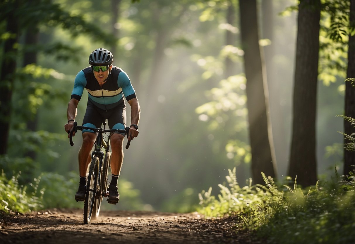 A cyclist swats at buzzing insects while riding through a forest. Mosquitoes and flies hover around, while a bee buzzes past. The cyclist wears protective gear and uses natural repellents