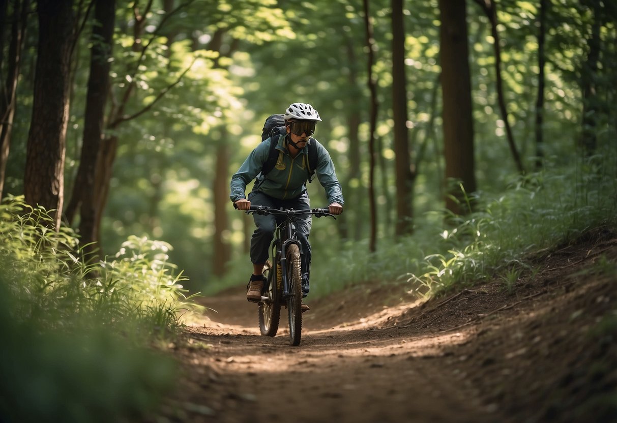 A figure in insect-repellent clothing rides through a wooded area, surrounded by buzzing insects. They confidently navigate the trail, unaffected by the pests