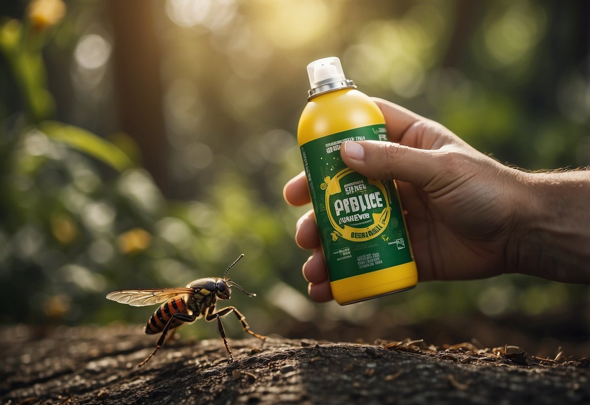 A hand holding a can of bug spray, surrounded by flying and crawling insects, with a bicycle in the background