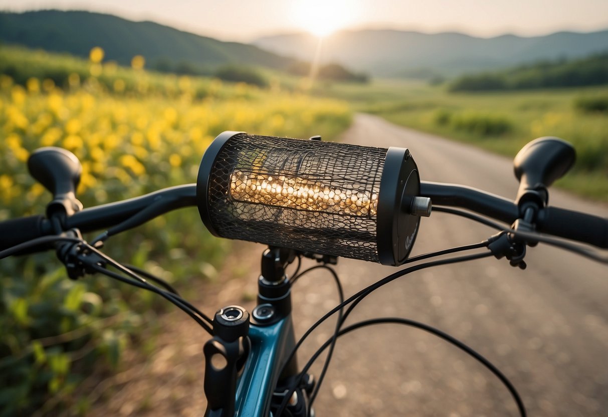 A bug zapper mounted on a handlebar zaps insects as a cyclist rides through the countryside