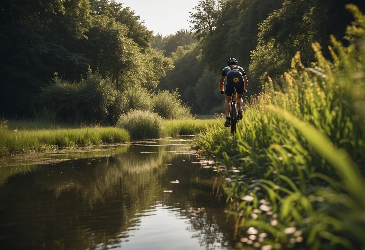 A cyclist swerves away from a still pond, surrounded by lush greenery, while insects buzz around