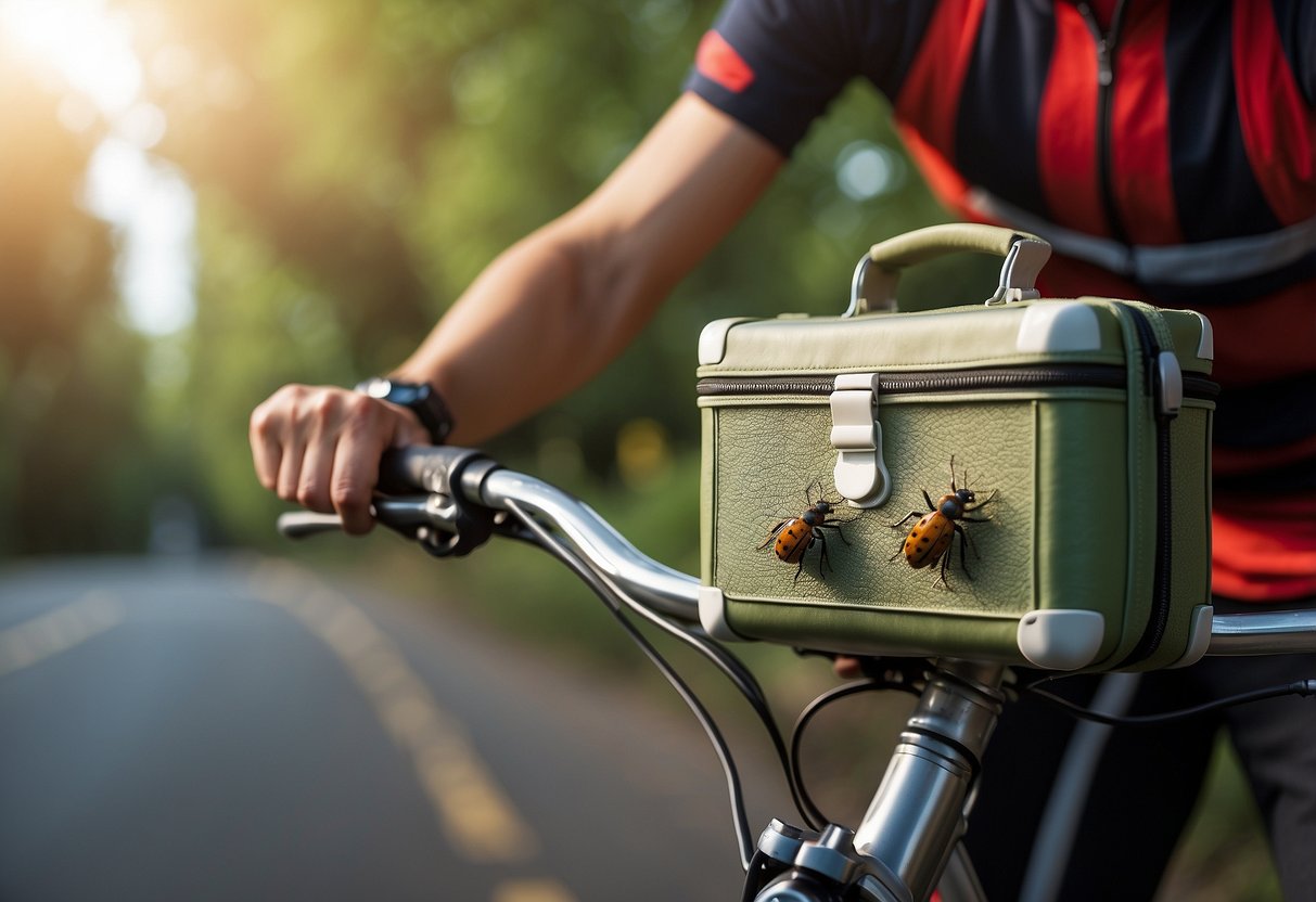 A person carrying a first-aid kit while riding a bike, surrounded by buzzing insects