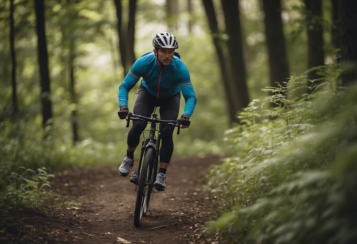 A cyclist in long sleeves and pants, riding through a wooded area, swatting away insects