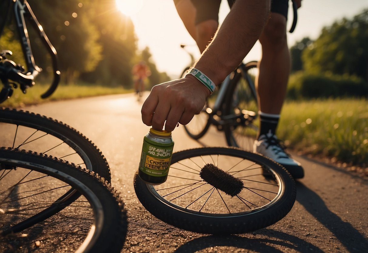 A cyclist stops to clean insect debris from their bike, using a brush and cloth. A can of insect repellent sits nearby. The sun is setting, casting a warm glow on the scene