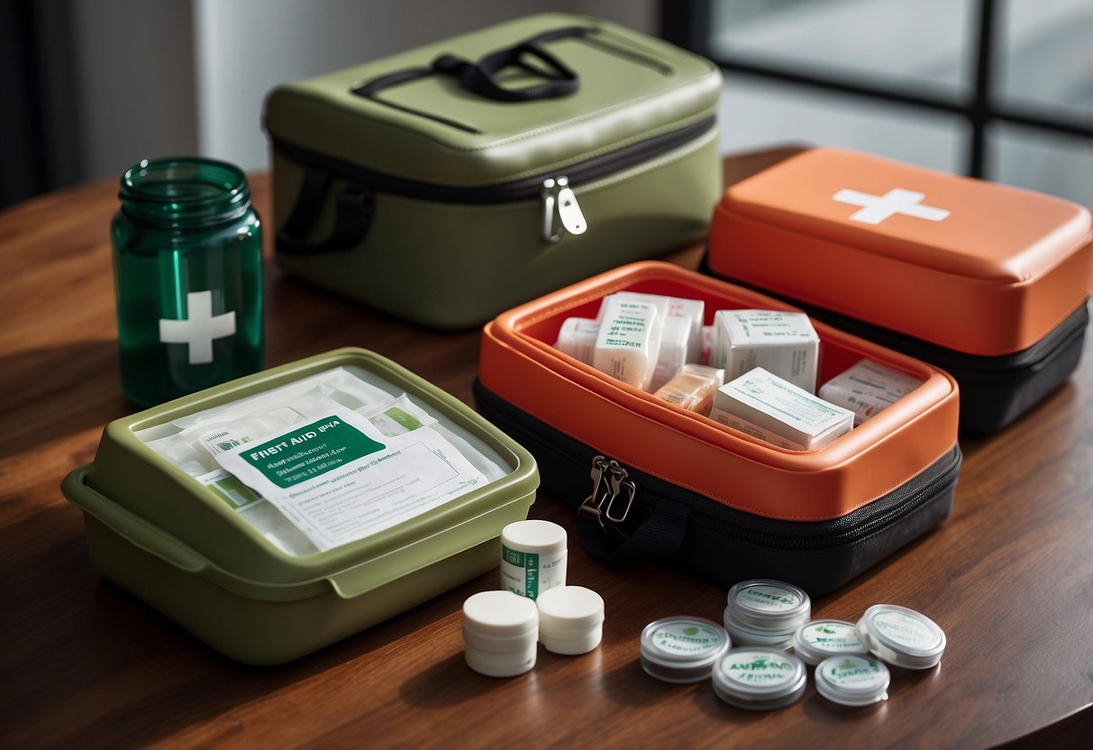 A table displaying 5 compact first aid kits with various supplies and labels for riding