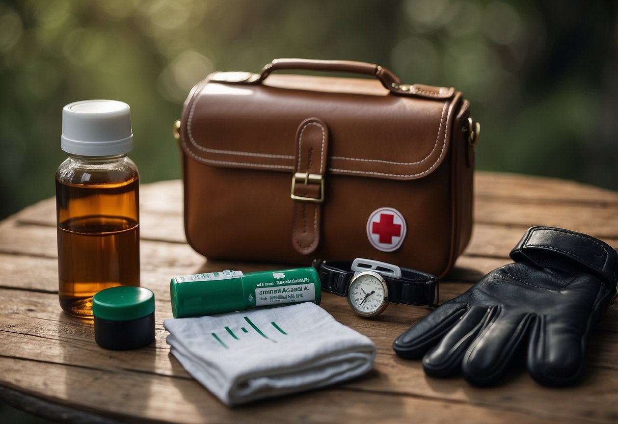 A small first aid kit sits atop a saddle, next to a water bottle and riding gloves. The kit is open, revealing neatly organized supplies