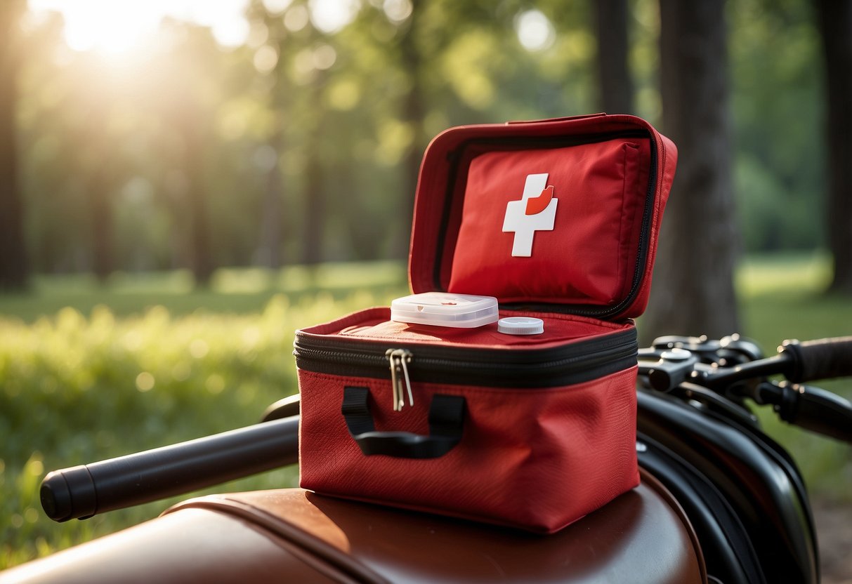 A compact first aid kit sits atop a riding saddle, ready for use. Bright red case with white cross logo. Outdoor setting with trees in background