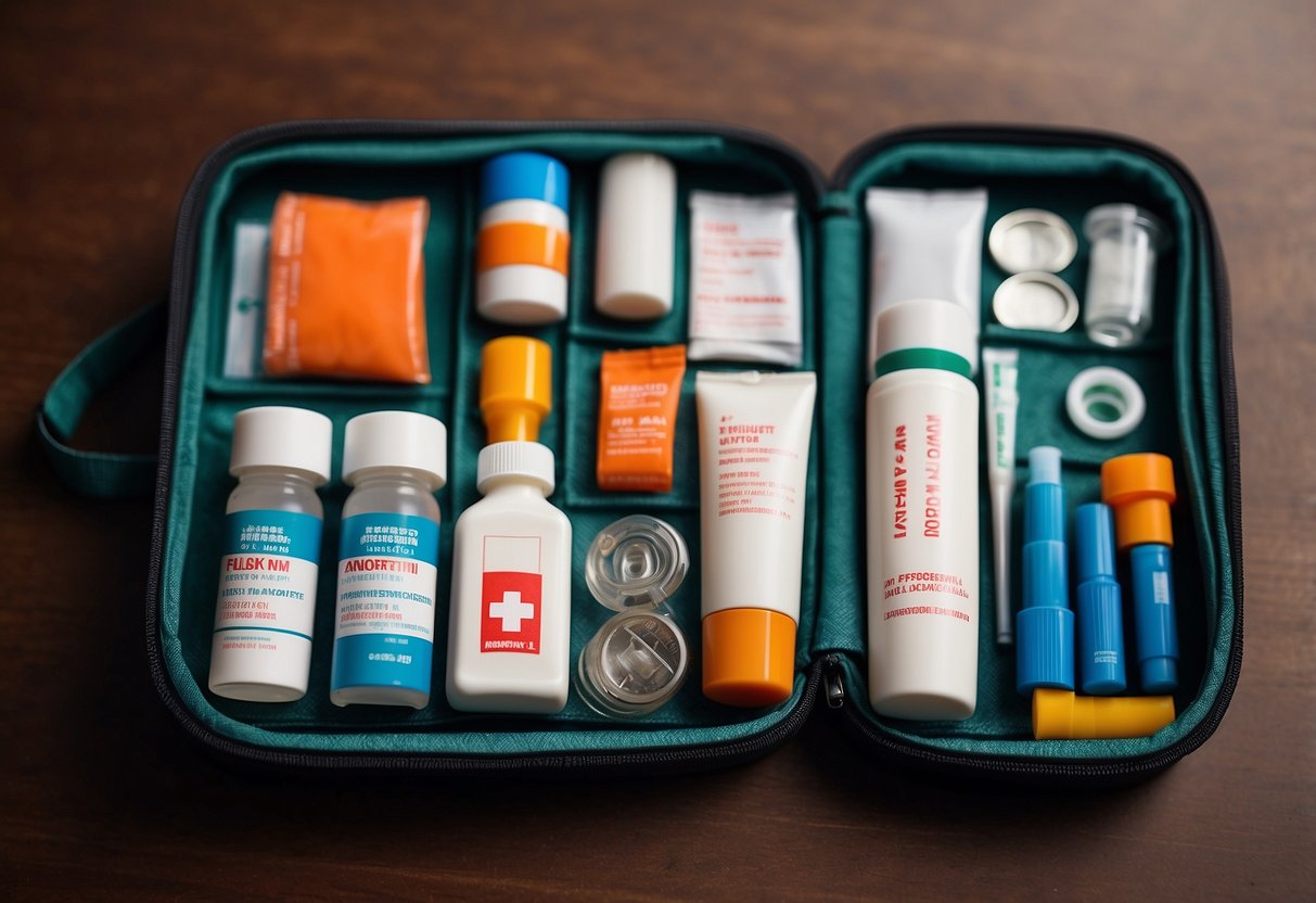 A compact first aid kit with medical supplies displayed on a clean, well-lit surface