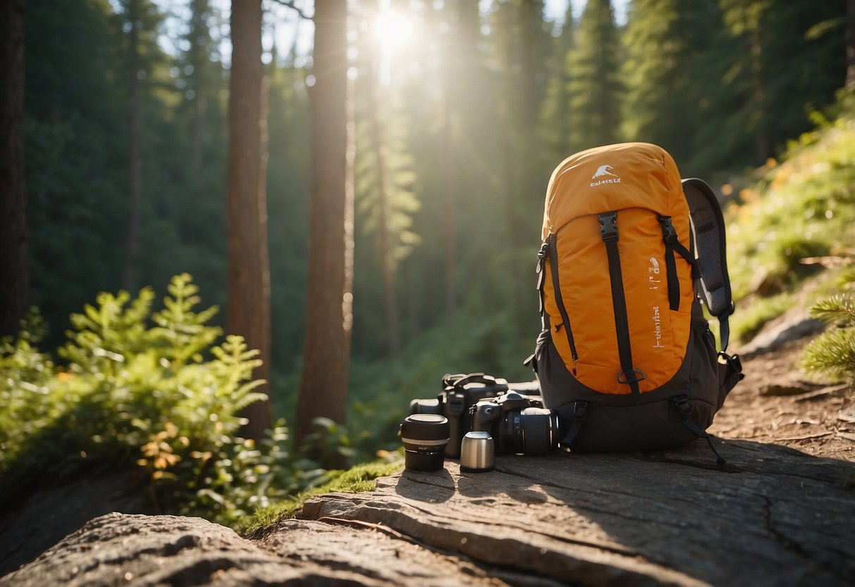 A bright, sunny trail with a hiker's backpack open, revealing the compact LIFELINE Trail Light Dayhiker Kit. Surrounding it are various riding gear and a serene natural backdrop