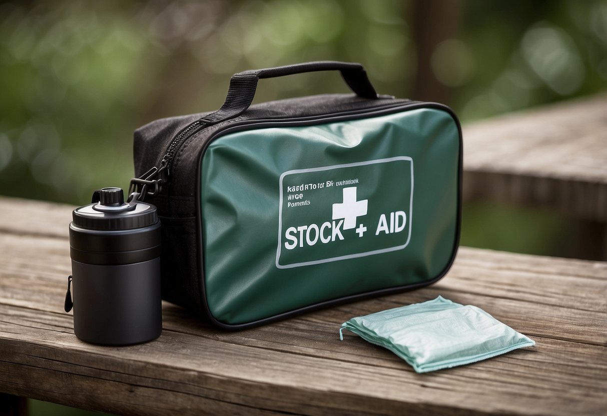 A compact first aid kit with bandages, antiseptic wipes, scissors, and gloves. A riding helmet and a small backpack are nearby