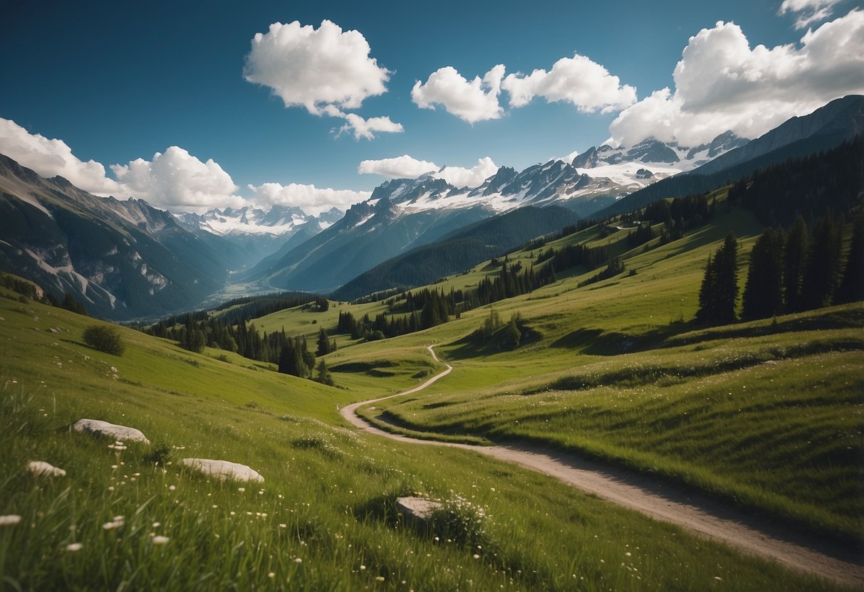 Lush green alpine meadows with snow-capped peaks in the background, winding trails leading through the picturesque landscape