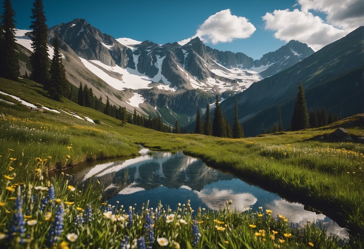 Lush green meadows surrounded by snow-capped peaks, winding trails through colorful wildflowers, and crystal-clear alpine lakes reflecting the majestic mountains