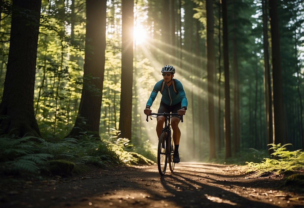 A cyclist holds a map and compass while riding through a forest. The sun shines through the trees, casting dappled shadows on the ground. The cyclist's focus is on the map, with the compass held in the other hand