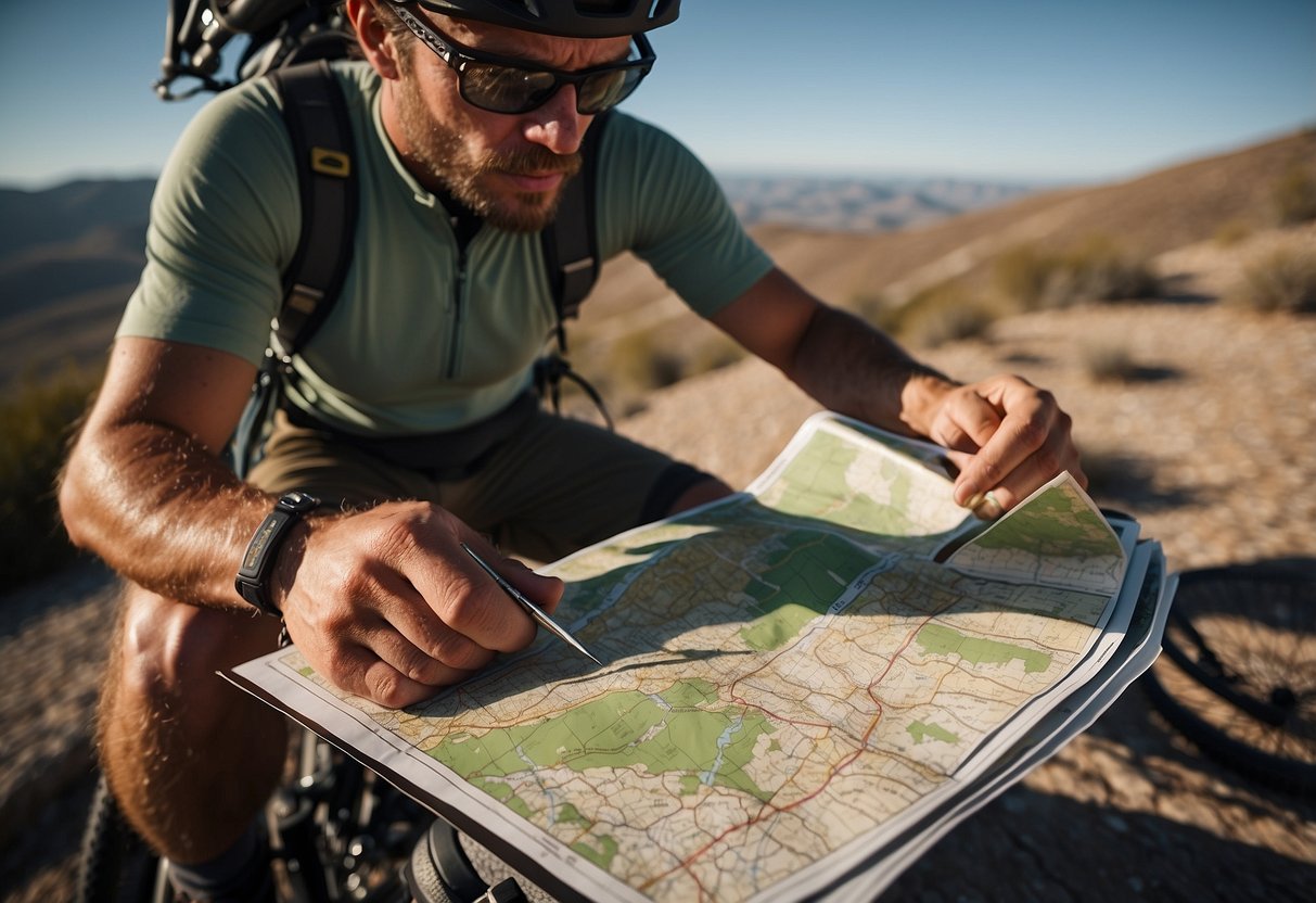 A mountain biker holds a map and compass while navigating through various terrains such as forests, deserts, and rocky trails. The rider adjusts the compass and studies the map, demonstrating the 7 tips for successful navigation