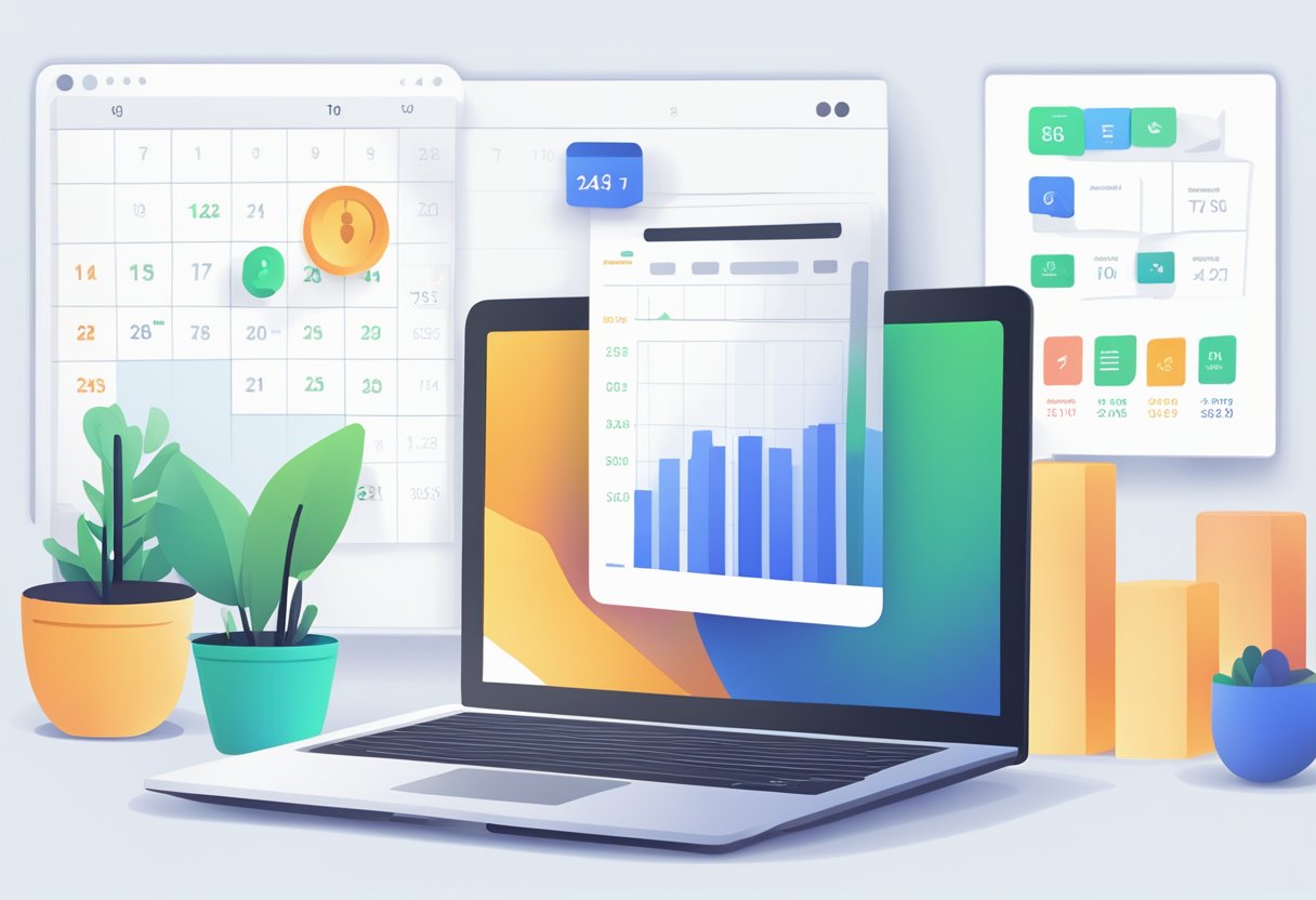 A laptop open to Thryv CRM with a clean, organized interface. A phone and calendar icon visible, with a graph displaying data