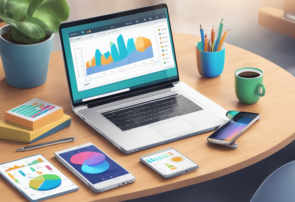 A laptop displaying Thryv CRM with colorful graphs and charts, surrounded by a smartphone, tablet, and pen on a sleek desk