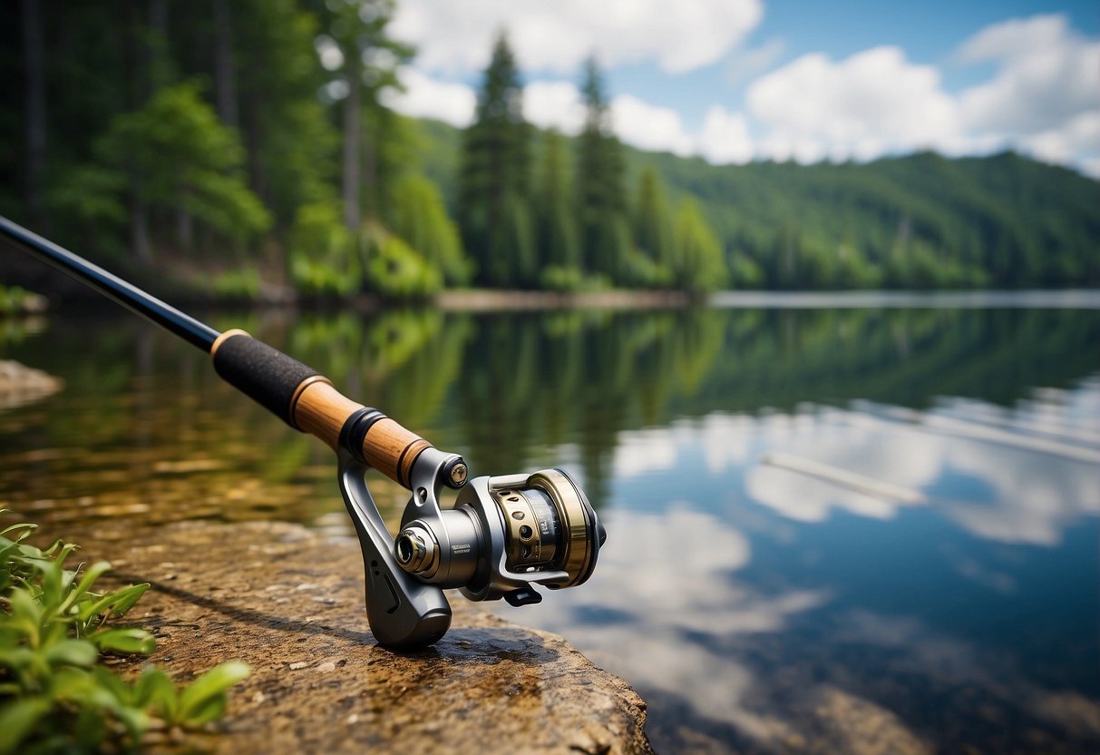 A fishing rod rests on a tranquil lakeshore, surrounded by lush greenery. The Shimano Solora 2-piece spinning rod is displayed, emphasizing its lightweight design