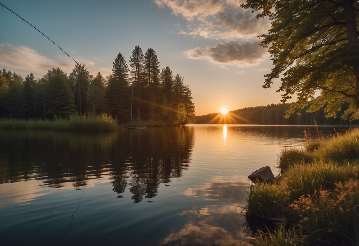 A tranquil lake at sunset, with a lone fishing rod leaning against a tree, its line gently swaying in the breeze