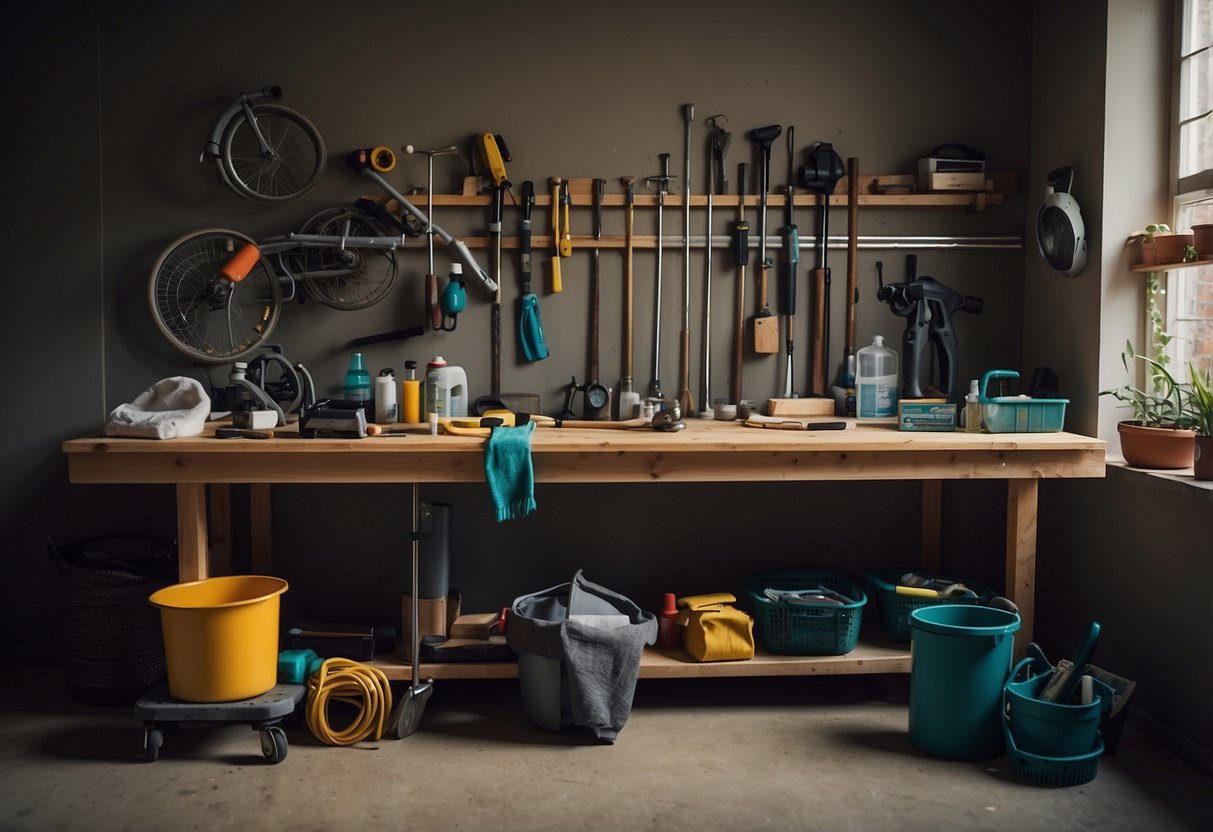 A person prepares to maintain a lightweight riding rod with tools and cleaning supplies laid out on a workbench. The rod is propped up against the wall, ready for maintenance