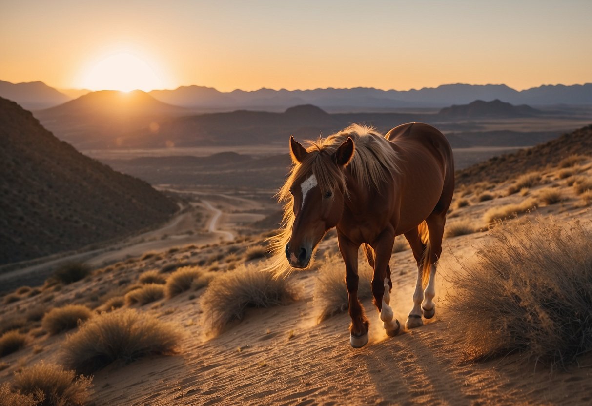 Golden sun setting over vast desert. A lone horse trots along winding trail, surrounded by towering sand dunes and rugged mountains