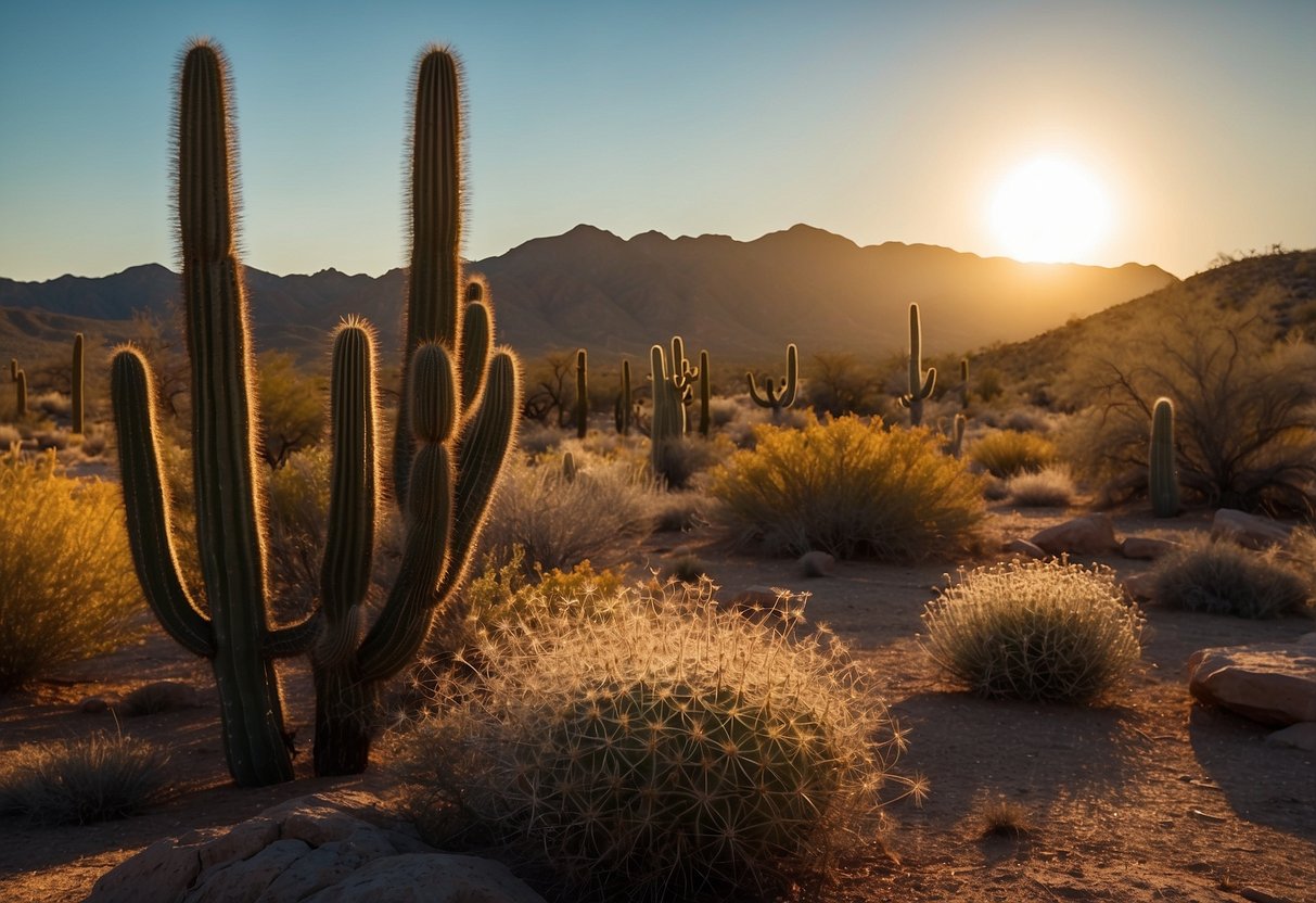 The sun sets over the rugged desert landscape of White Tank Mountain Regional Park, casting long shadows over the cacti and rocky trails