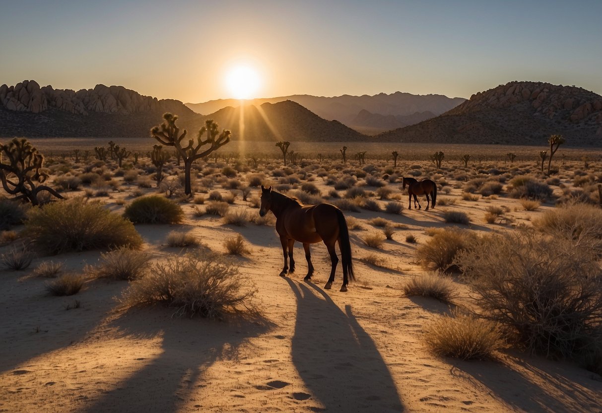 The sun sets over the rugged landscape of Joshua Tree National Park, casting long shadows over the desert terrain as horses traverse the sandy trails