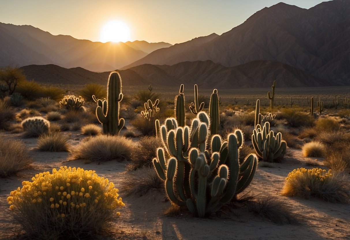 Sunset over rugged desert landscape with cacti and canyons, horseback riders traverse sandy trails in Death Valley National Park, California