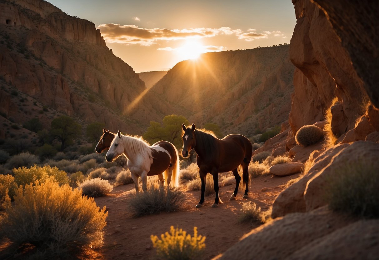 Sunset at Bandelier Nat'l Monument, NM. Horses trek through desert terrain, passing ancient ruins and rock formations. Red and orange hues illuminate the landscape