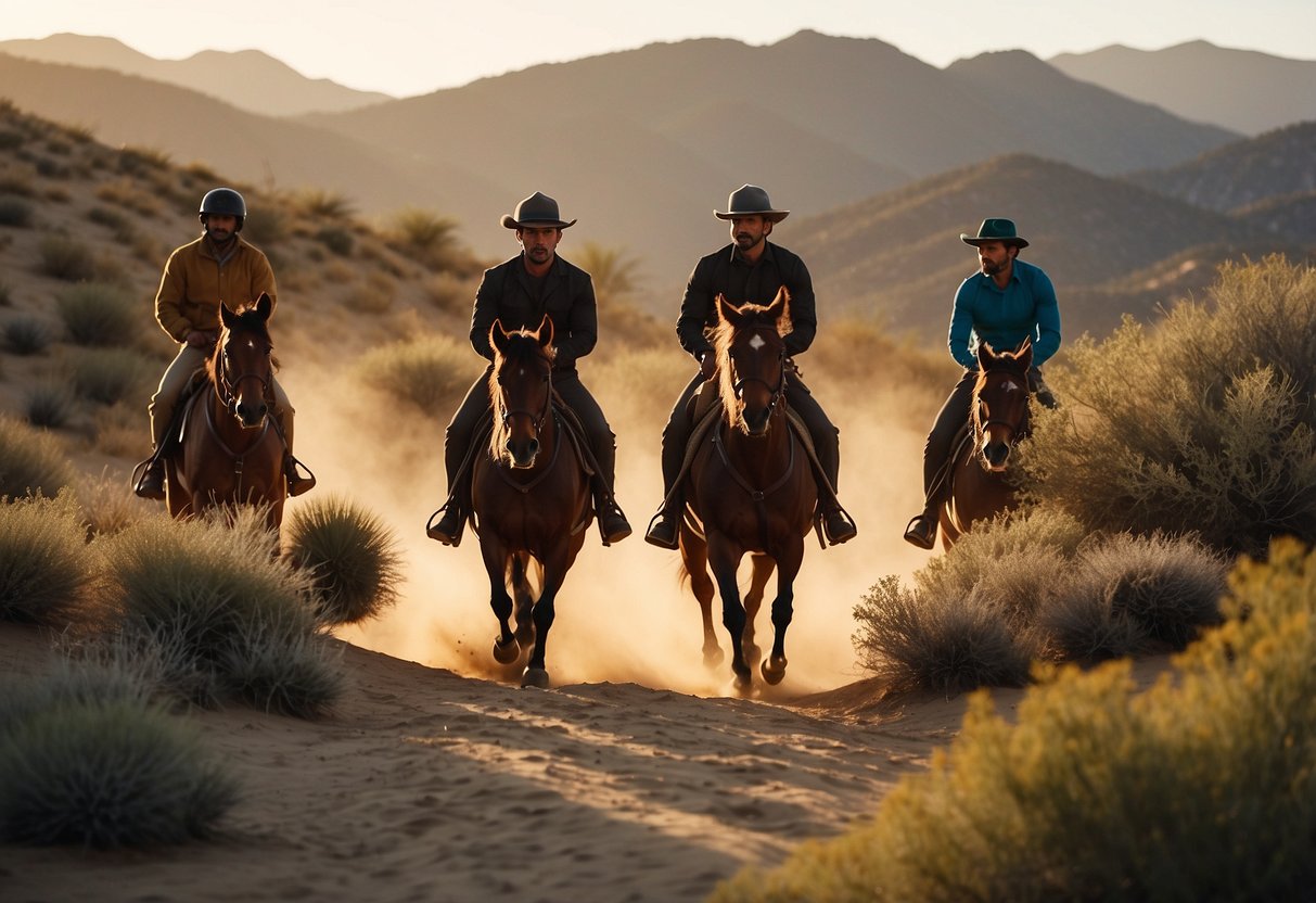 Riders traverse sandy dunes, with the sun setting behind jagged mountains. Cacti and scrub brush dot the landscape as horses trot along a winding trail