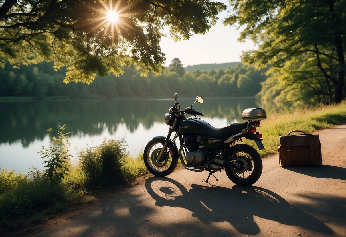 A sunny day on a winding road, surrounded by lush greenery. A motorcycle parked next to a serene lake, with a picnic set up nearby