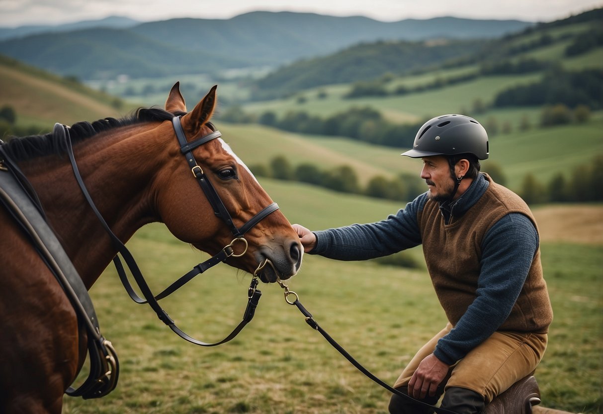 A rider in comfortable gear prepares to mount a horse, surrounded by scenic countryside