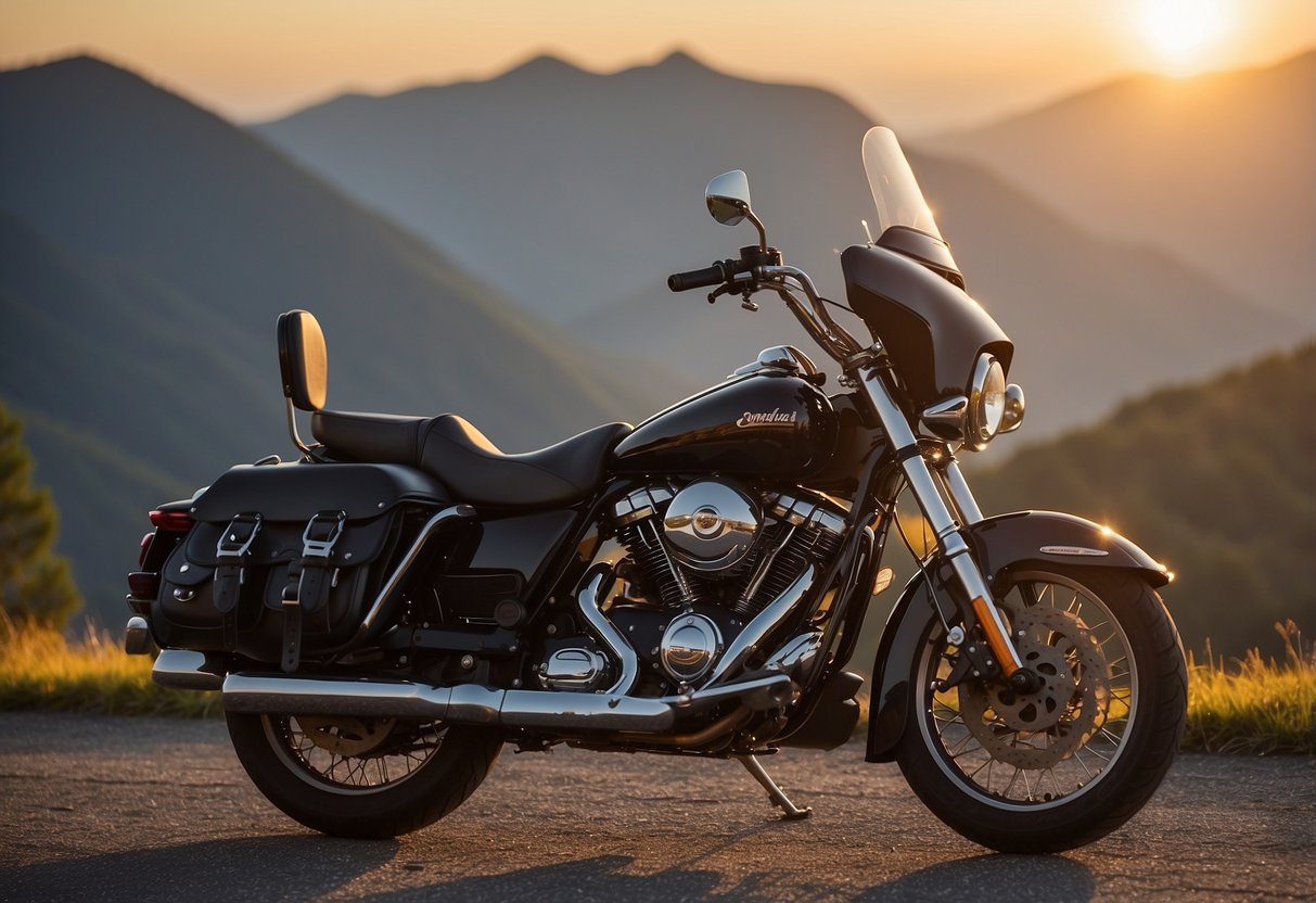 A motorcycle parked in front of a scenic mountain view, with high-quality saddlebags attached. The sun is setting, casting a warm glow over the landscape