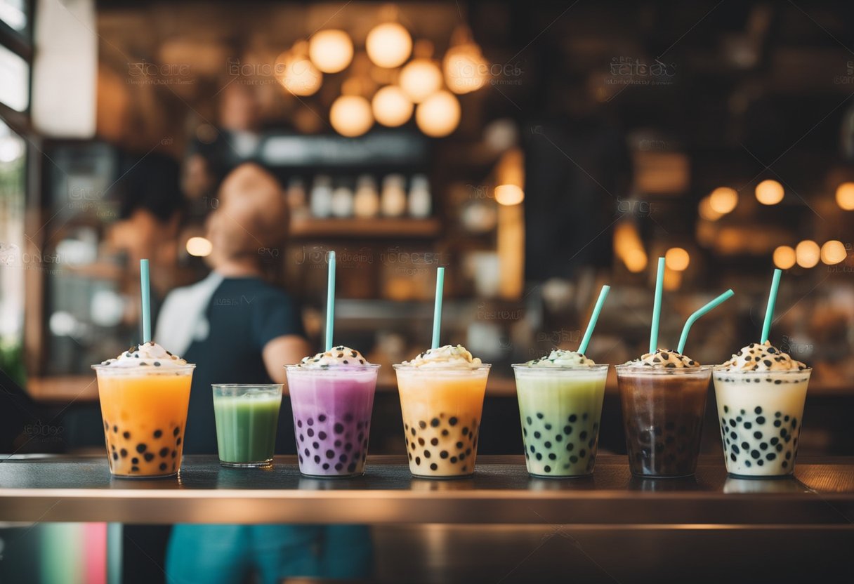 A vibrant boba tea shop with colorful, exotic flavors and a welcoming atmosphere. Customers enjoy the health benefits of the popular drink in a trendy Orlando setting