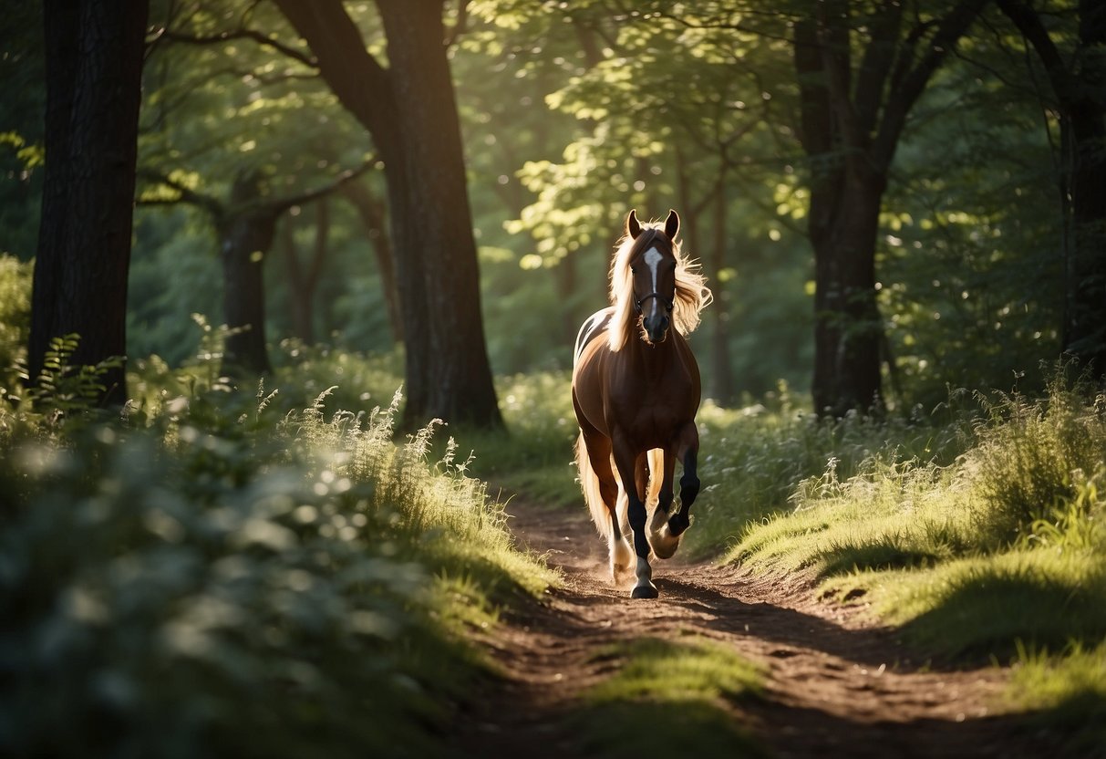 A horse gallops through a lush green forest, its mane flowing in the wind as it navigates a winding trail. The sun peeks through the trees, casting dappled shadows on the ground